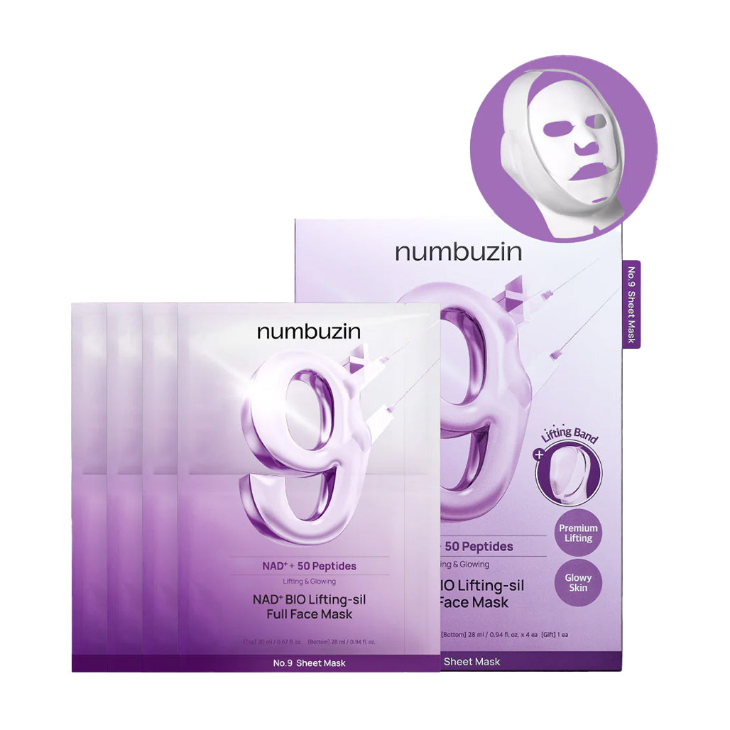 Numbuzin No.9 NAD+ BIO Lifting-sil Full Face Mask – Firming & Lifting Sheet Mask - 4Sheets + 1Sheet Lifting Band Gift